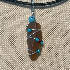 Wire Wrapped Sea Glass Turquoise Bead Pendant Necklace